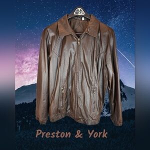 Preston & York Mens Leather Jacket Sz L Chocolate Brown Aviator Look 2 Pockets